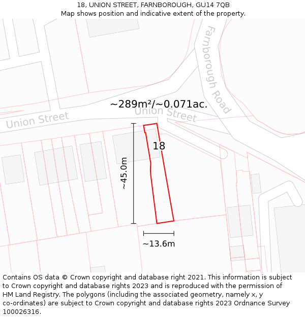 18, UNION STREET, FARNBOROUGH, GU14 7QB: Plot and title map