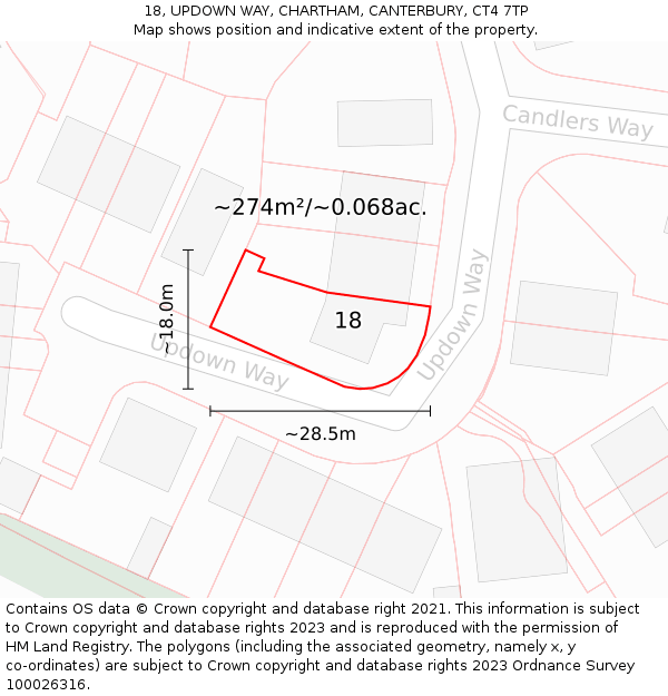 18, UPDOWN WAY, CHARTHAM, CANTERBURY, CT4 7TP: Plot and title map