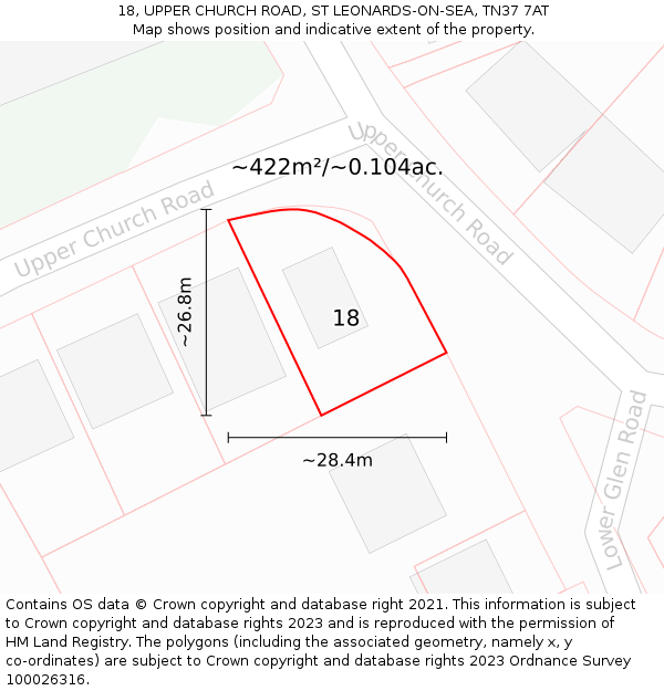 18, UPPER CHURCH ROAD, ST LEONARDS-ON-SEA, TN37 7AT: Plot and title map