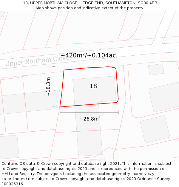 18, UPPER NORTHAM CLOSE, HEDGE END, SOUTHAMPTON, SO30 4BB: Plot and title map