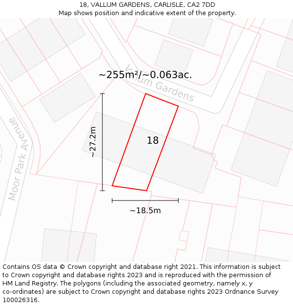 18, VALLUM GARDENS, CARLISLE, CA2 7DD: Plot and title map