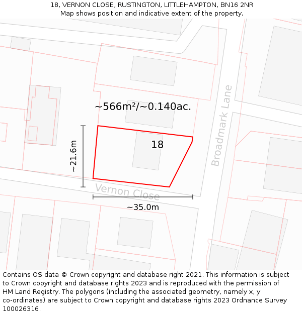 18, VERNON CLOSE, RUSTINGTON, LITTLEHAMPTON, BN16 2NR: Plot and title map