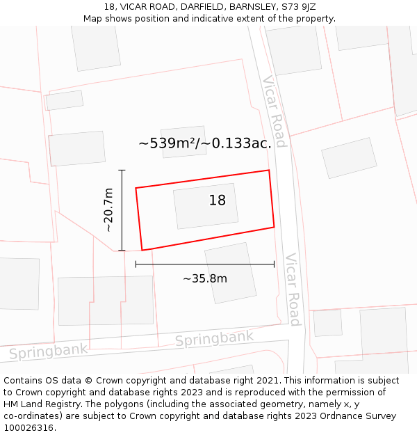 18, VICAR ROAD, DARFIELD, BARNSLEY, S73 9JZ: Plot and title map