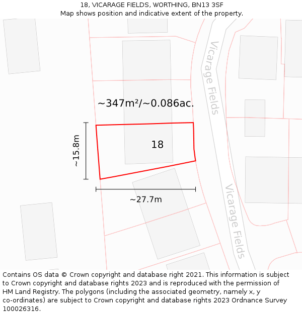 18, VICARAGE FIELDS, WORTHING, BN13 3SF: Plot and title map
