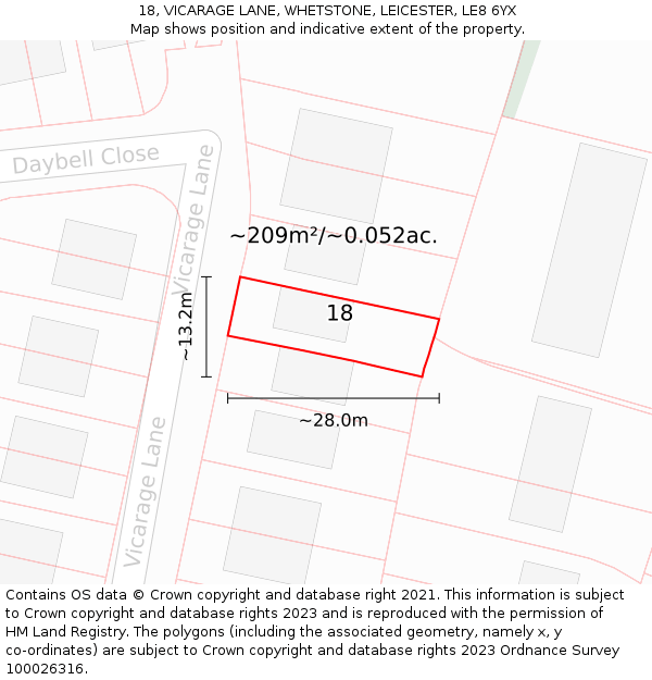 18, VICARAGE LANE, WHETSTONE, LEICESTER, LE8 6YX: Plot and title map