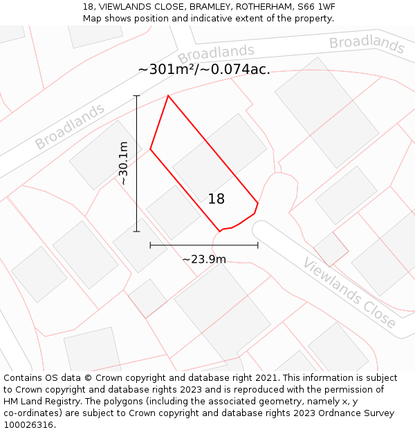 18, VIEWLANDS CLOSE, BRAMLEY, ROTHERHAM, S66 1WF: Plot and title map