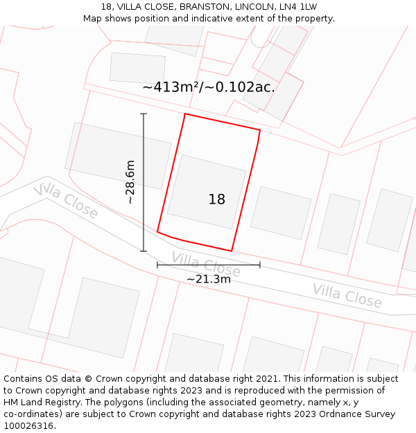 18, VILLA CLOSE, BRANSTON, LINCOLN, LN4 1LW: Plot and title map