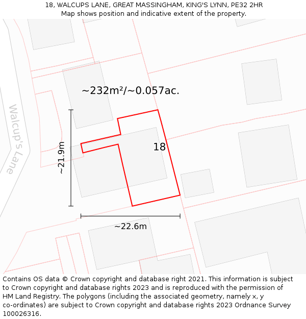 18, WALCUPS LANE, GREAT MASSINGHAM, KING'S LYNN, PE32 2HR: Plot and title map