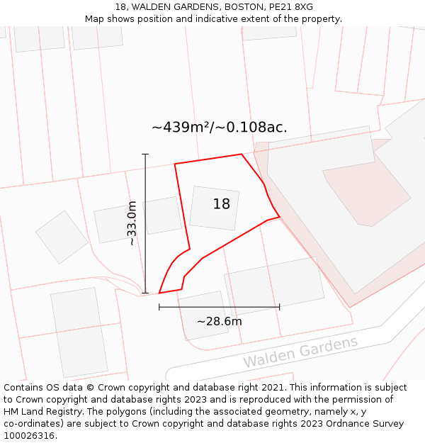 18, WALDEN GARDENS, BOSTON, PE21 8XG: Plot and title map