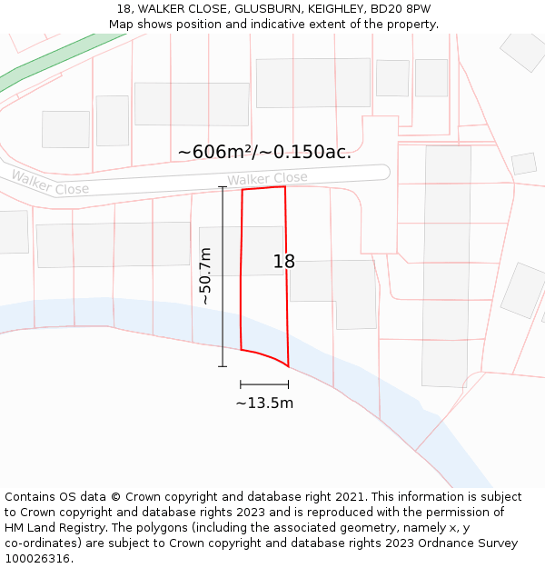 18, WALKER CLOSE, GLUSBURN, KEIGHLEY, BD20 8PW: Plot and title map