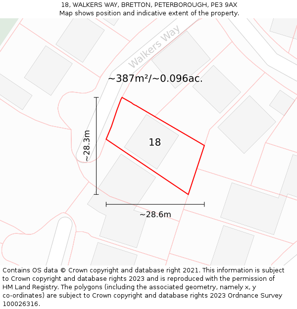18, WALKERS WAY, BRETTON, PETERBOROUGH, PE3 9AX: Plot and title map