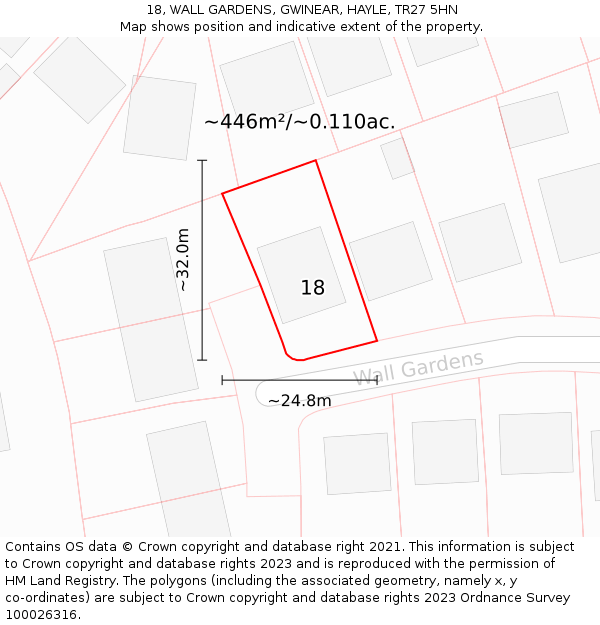 18, WALL GARDENS, GWINEAR, HAYLE, TR27 5HN: Plot and title map