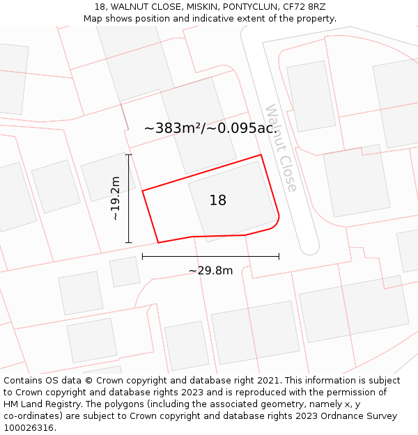 18, WALNUT CLOSE, MISKIN, PONTYCLUN, CF72 8RZ: Plot and title map