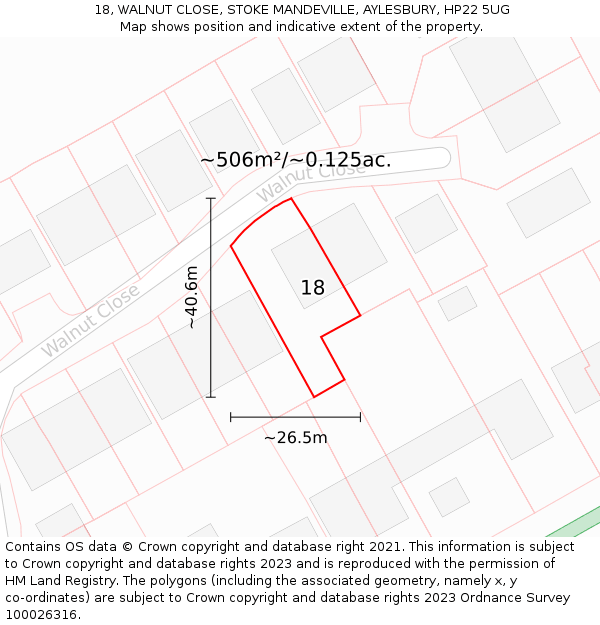 18, WALNUT CLOSE, STOKE MANDEVILLE, AYLESBURY, HP22 5UG: Plot and title map