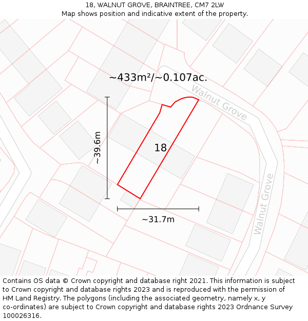 18, WALNUT GROVE, BRAINTREE, CM7 2LW: Plot and title map