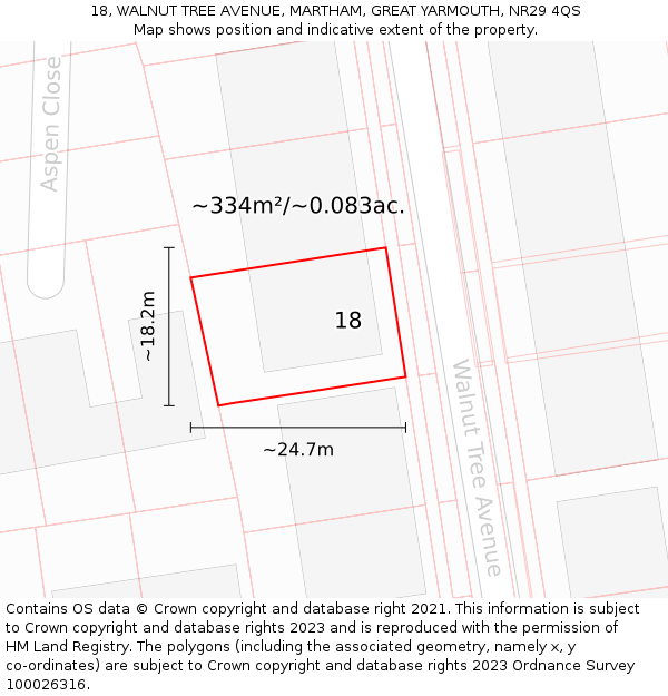 18, WALNUT TREE AVENUE, MARTHAM, GREAT YARMOUTH, NR29 4QS: Plot and title map