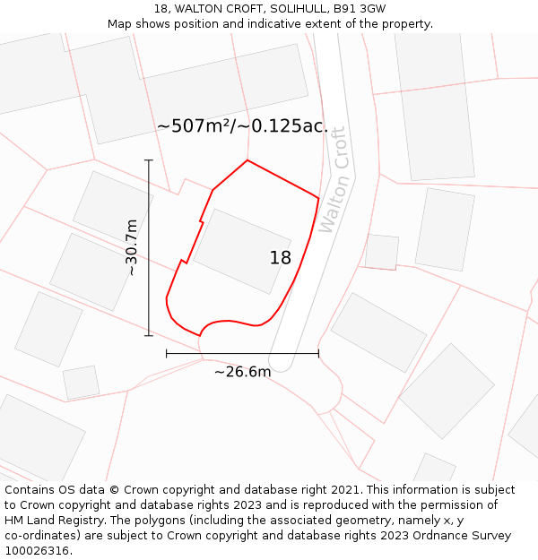 18, WALTON CROFT, SOLIHULL, B91 3GW: Plot and title map