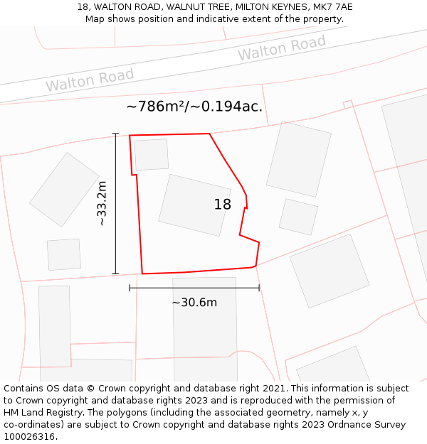 18, WALTON ROAD, WALNUT TREE, MILTON KEYNES, MK7 7AE: Plot and title map