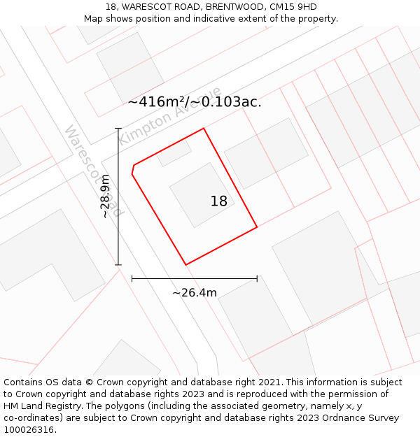 18, WARESCOT ROAD, BRENTWOOD, CM15 9HD: Plot and title map