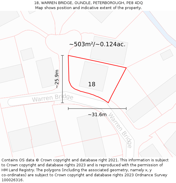 18, WARREN BRIDGE, OUNDLE, PETERBOROUGH, PE8 4DQ: Plot and title map