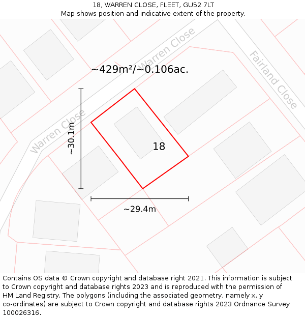 18, WARREN CLOSE, FLEET, GU52 7LT: Plot and title map
