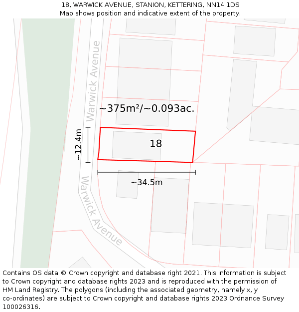 18, WARWICK AVENUE, STANION, KETTERING, NN14 1DS: Plot and title map