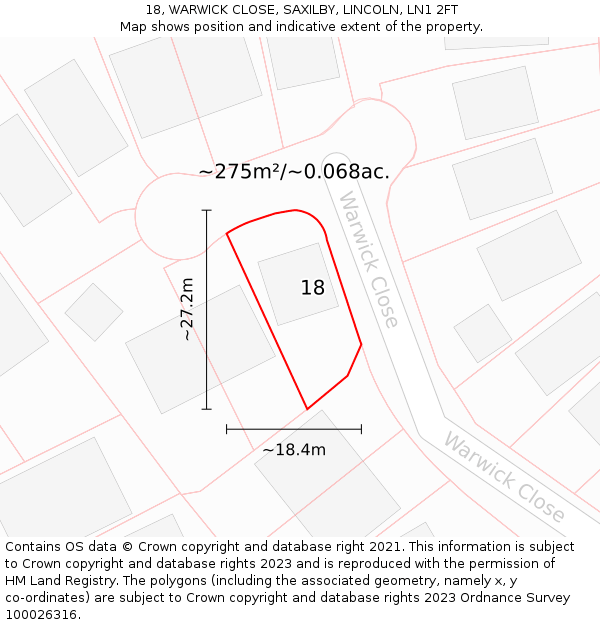 18, WARWICK CLOSE, SAXILBY, LINCOLN, LN1 2FT: Plot and title map