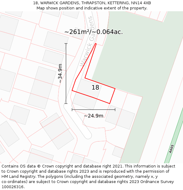 18, WARWICK GARDENS, THRAPSTON, KETTERING, NN14 4XB: Plot and title map