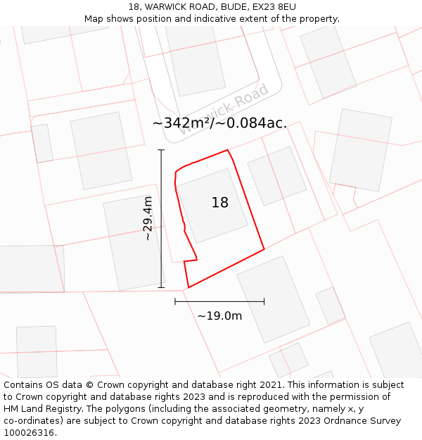 18, WARWICK ROAD, BUDE, EX23 8EU: Plot and title map