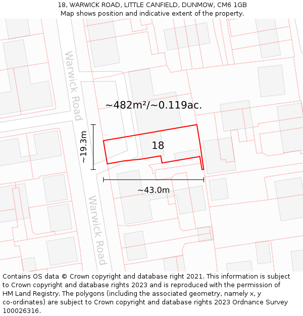 18, WARWICK ROAD, LITTLE CANFIELD, DUNMOW, CM6 1GB: Plot and title map