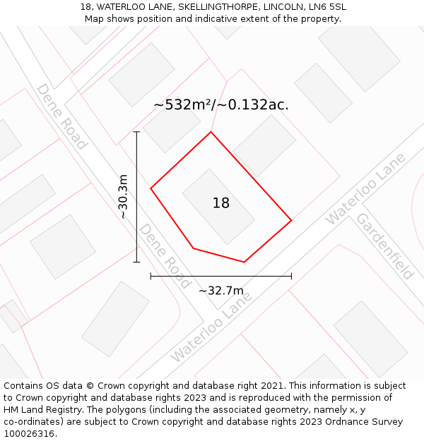 18, WATERLOO LANE, SKELLINGTHORPE, LINCOLN, LN6 5SL: Plot and title map