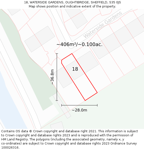 18, WATERSIDE GARDENS, OUGHTIBRIDGE, SHEFFIELD, S35 0JS: Plot and title map