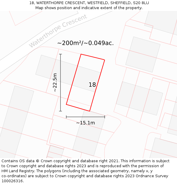 18, WATERTHORPE CRESCENT, WESTFIELD, SHEFFIELD, S20 8LU: Plot and title map