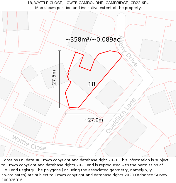 18, WATTLE CLOSE, LOWER CAMBOURNE, CAMBRIDGE, CB23 6BU: Plot and title map