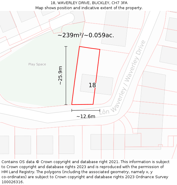 18, WAVERLEY DRIVE, BUCKLEY, CH7 3FA: Plot and title map