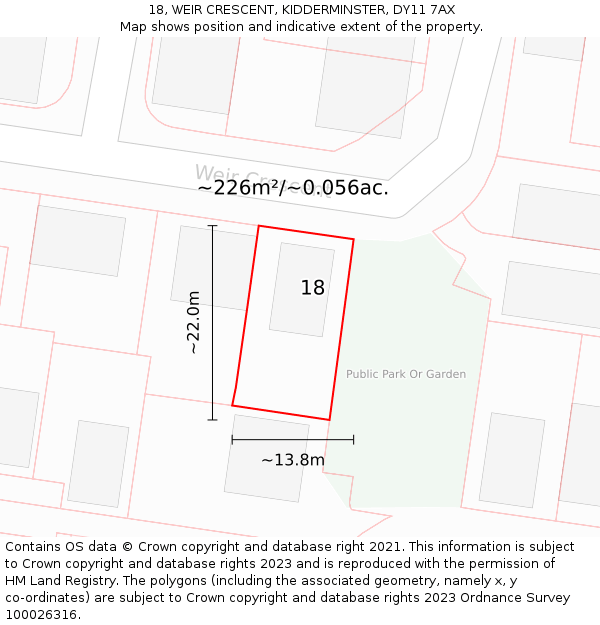 18, WEIR CRESCENT, KIDDERMINSTER, DY11 7AX: Plot and title map