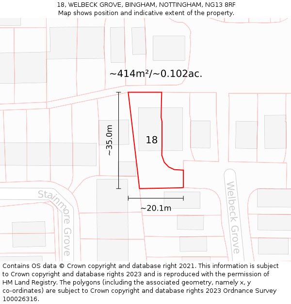 18, WELBECK GROVE, BINGHAM, NOTTINGHAM, NG13 8RF: Plot and title map