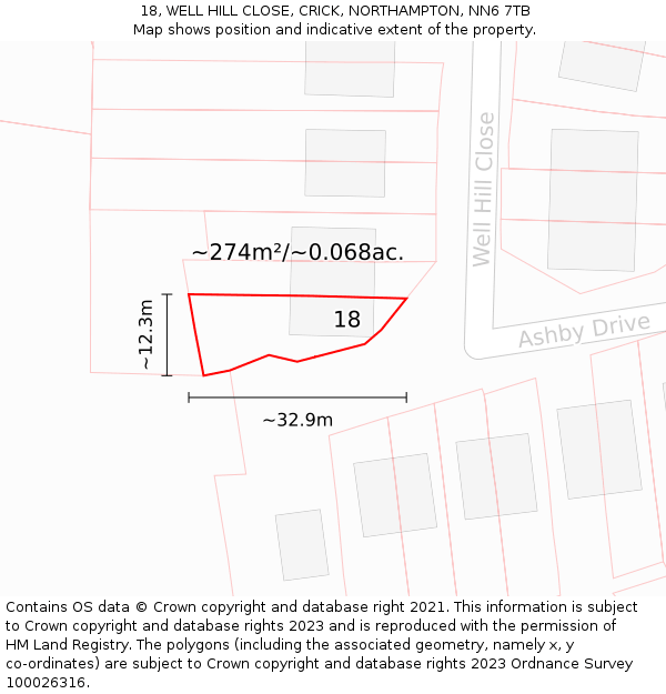 18, WELL HILL CLOSE, CRICK, NORTHAMPTON, NN6 7TB: Plot and title map