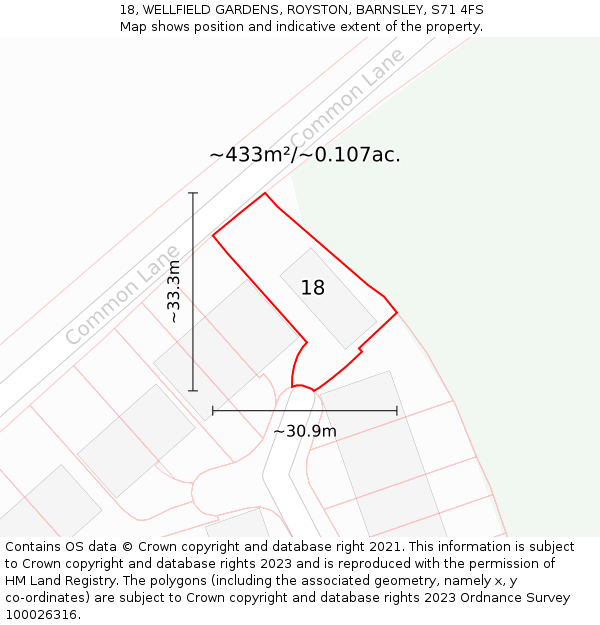 18, WELLFIELD GARDENS, ROYSTON, BARNSLEY, S71 4FS: Plot and title map