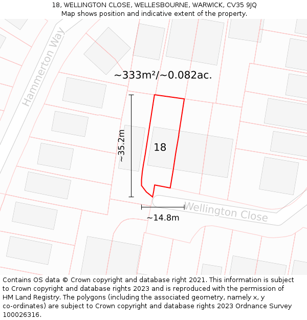 18, WELLINGTON CLOSE, WELLESBOURNE, WARWICK, CV35 9JQ: Plot and title map