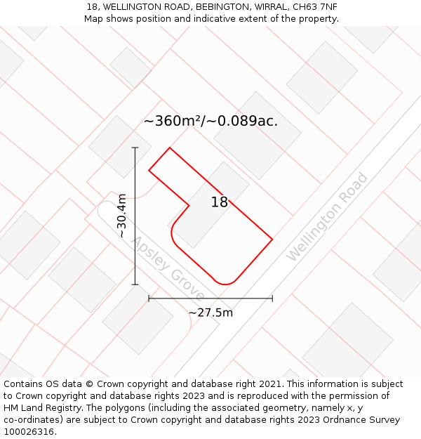 18, WELLINGTON ROAD, BEBINGTON, WIRRAL, CH63 7NF: Plot and title map