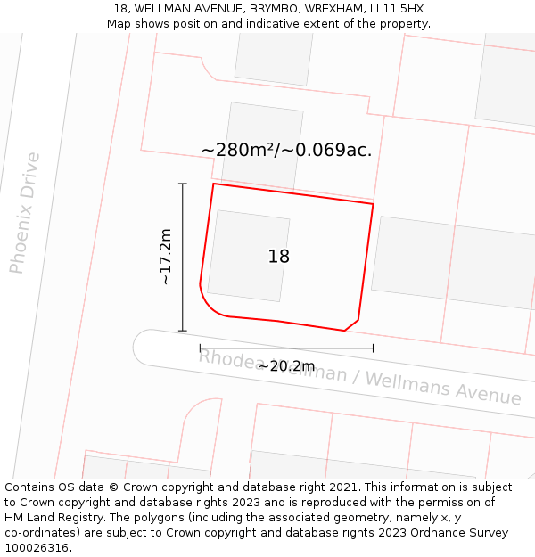 18, WELLMAN AVENUE, BRYMBO, WREXHAM, LL11 5HX: Plot and title map