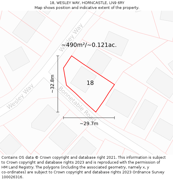 18, WESLEY WAY, HORNCASTLE, LN9 6RY: Plot and title map