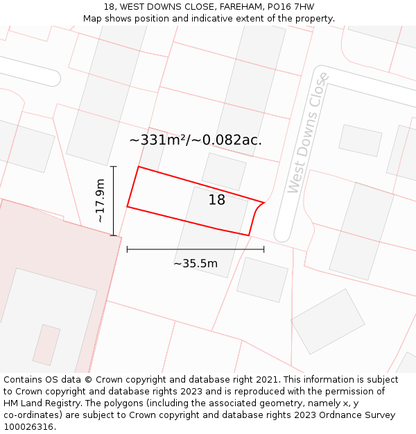 18, WEST DOWNS CLOSE, FAREHAM, PO16 7HW: Plot and title map