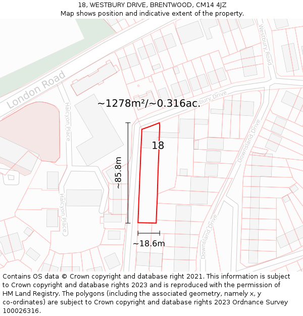 18, WESTBURY DRIVE, BRENTWOOD, CM14 4JZ: Plot and title map