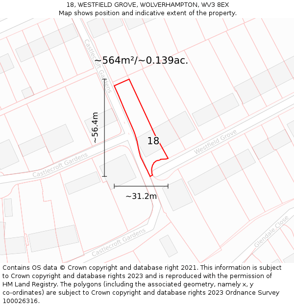 18, WESTFIELD GROVE, WOLVERHAMPTON, WV3 8EX: Plot and title map