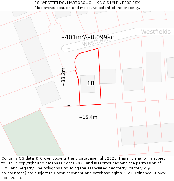 18, WESTFIELDS, NARBOROUGH, KING'S LYNN, PE32 1SX: Plot and title map