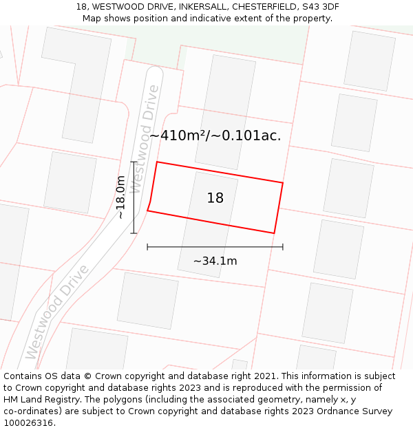18, WESTWOOD DRIVE, INKERSALL, CHESTERFIELD, S43 3DF: Plot and title map