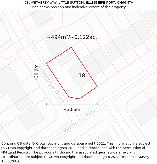 18, WETHERBY WAY, LITTLE SUTTON, ELLESMERE PORT, CH66 4TA: Plot and title map