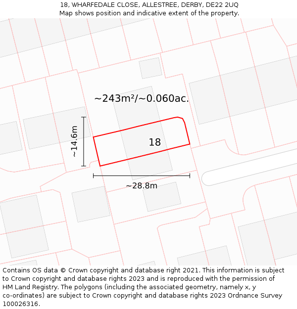 18, WHARFEDALE CLOSE, ALLESTREE, DERBY, DE22 2UQ: Plot and title map